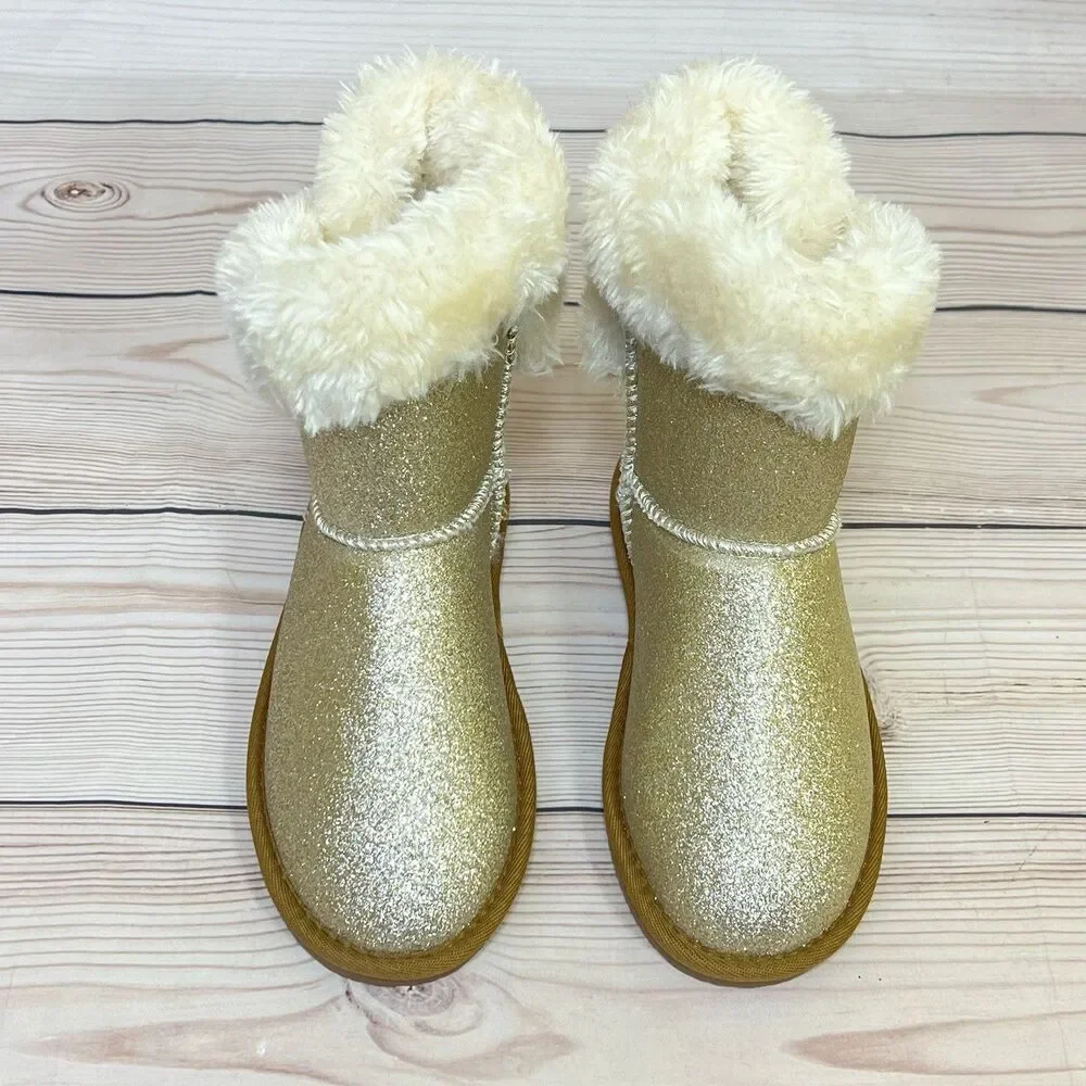 Lamo APRES Youth Winter Boots Girls 2Y Glitter Gold Slip-On Faux Fur Wrap Cuff